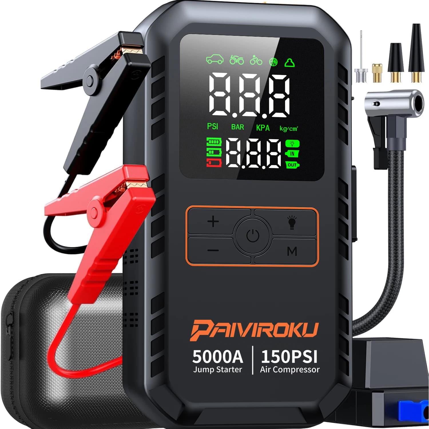 PAIVIROKU 4-IN-1 מתנע רכב עם מדחס אוויר 5000APeak מאיץ סוללות אוטומטי 150PSI משאבת אוויר בנק כוח משאבת אוויר ניפוח צמיגים