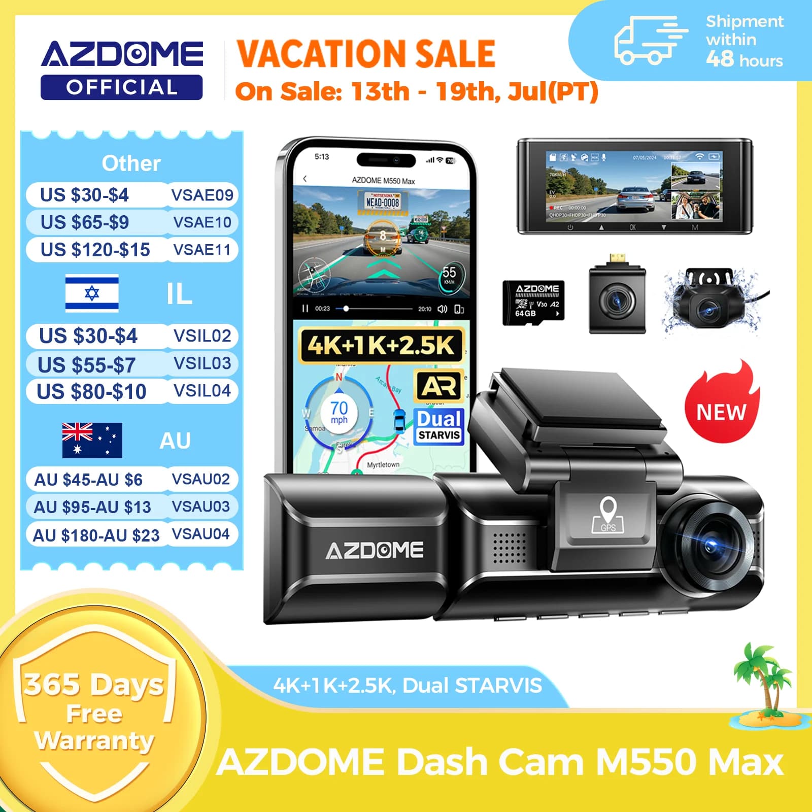 מצלמת רכב AZDOME M550 Max 4K עם GPS ו-WiFi — מבצע