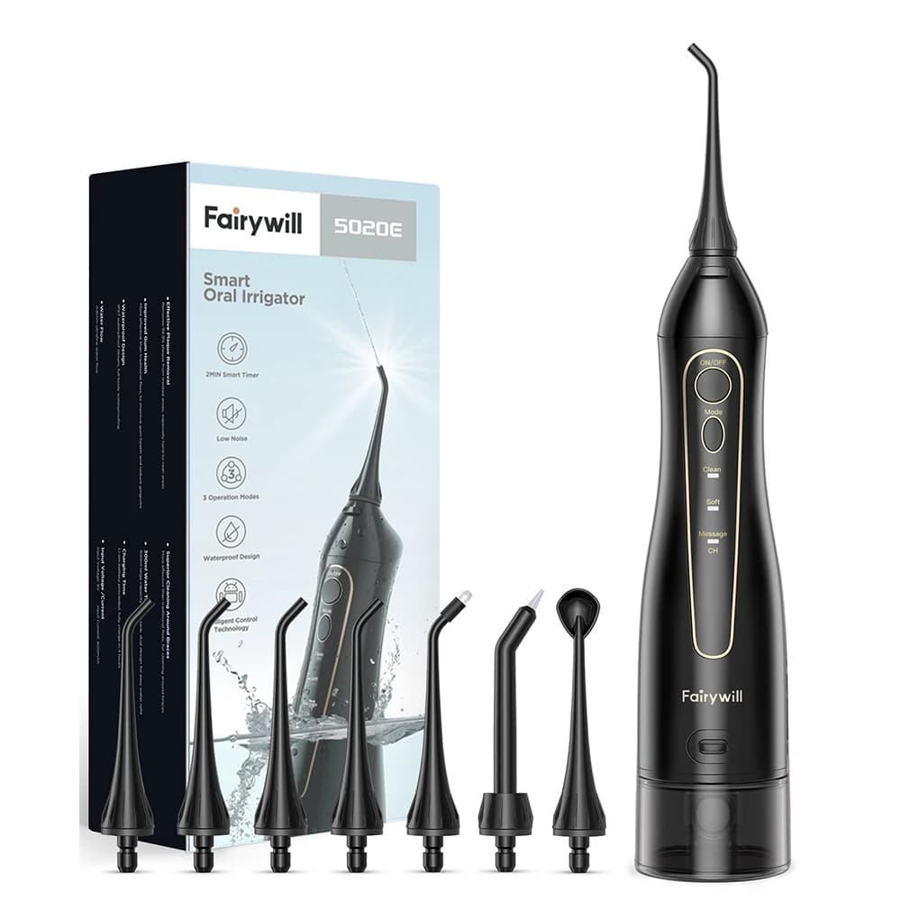 🦷 מכשיר שטיפת שיניים בסילון מים Fairywill — מנקה בין השיניים ואת קו החניכיים במקום חוט דנטלי (7 ראשים מתחלפים, 3 מצבי ניקוי, מיכל 300 מ"ל, נטען USB, עמיד במים, 4.9★ · 848 ביקורות · מעל 5,000 נמכרו · משלוח חינם)