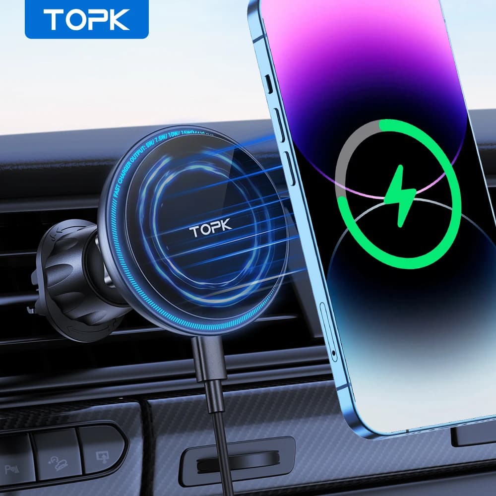 מטען אלחוטי מגנטי לרכב TOPK — טעינה מהירה 15W, מעמד טלפון מסתובב 360° לפתח מיזוג
