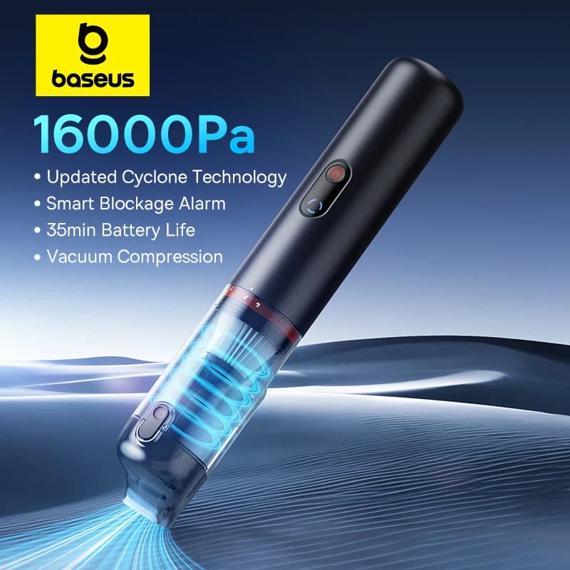 שואב אבק נייד ואלחוטי לרכב Baseus A5 (16000Pa, מנוע 130W ללא פחמים, סוללת 7500mAh, פילטר HEPA שטיף, התראת סתימה חכמה)