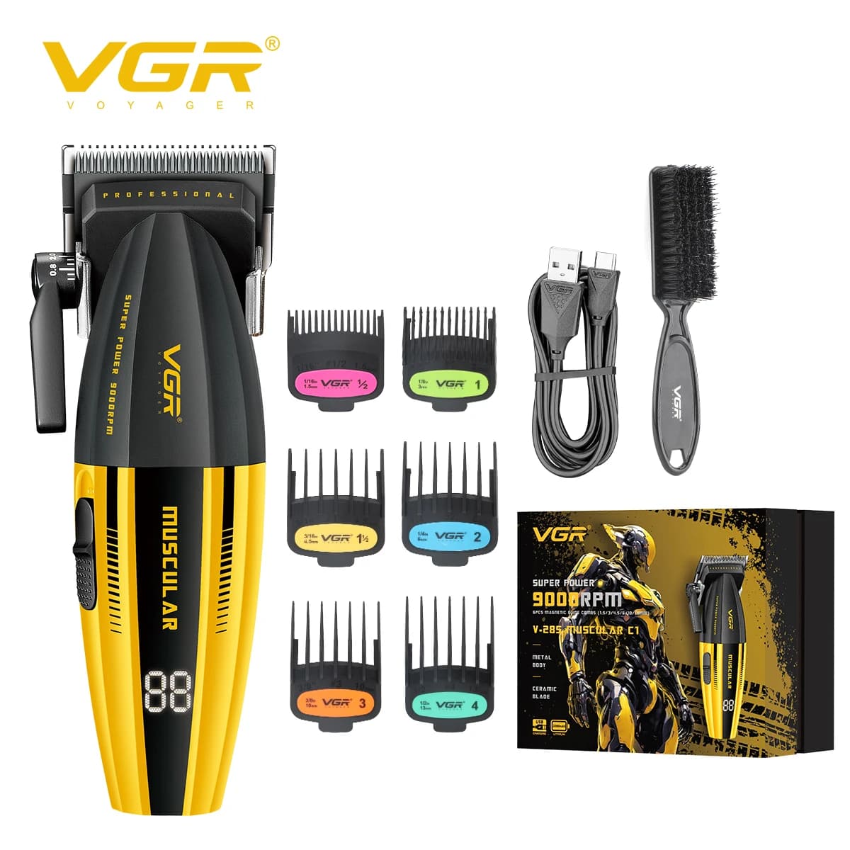מכונת תספורת מקצועית נטענת VGR 285 — מנוע חזק, תצוגת LED, מסרקים לכל אורך