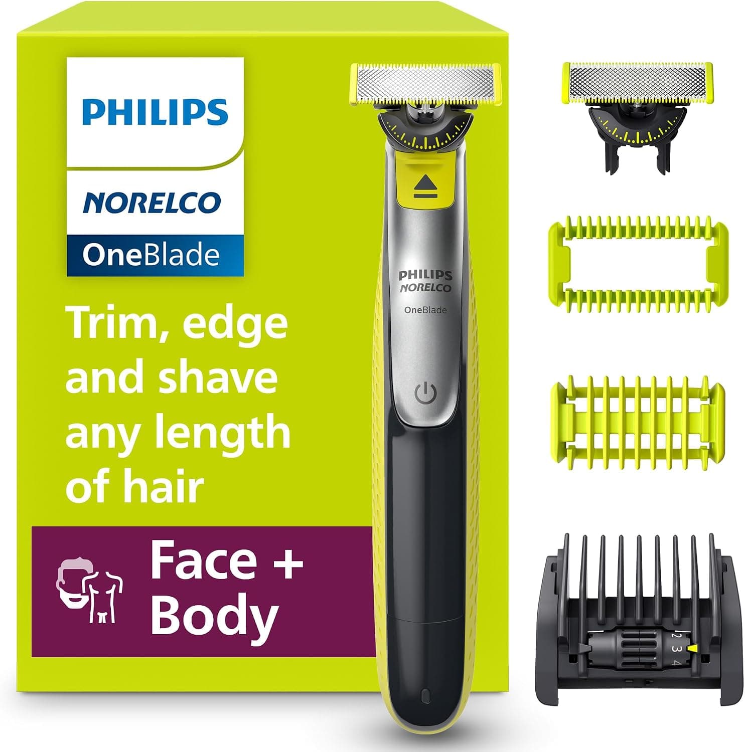 🪒 מכונת גילוח וטרימר פיליפס OneBlade 360 לפנים ולגוף — מגלח, מעצב וגוזם בכלי אחד, להב 360° עמיד במים, נטען ל-60 דקות