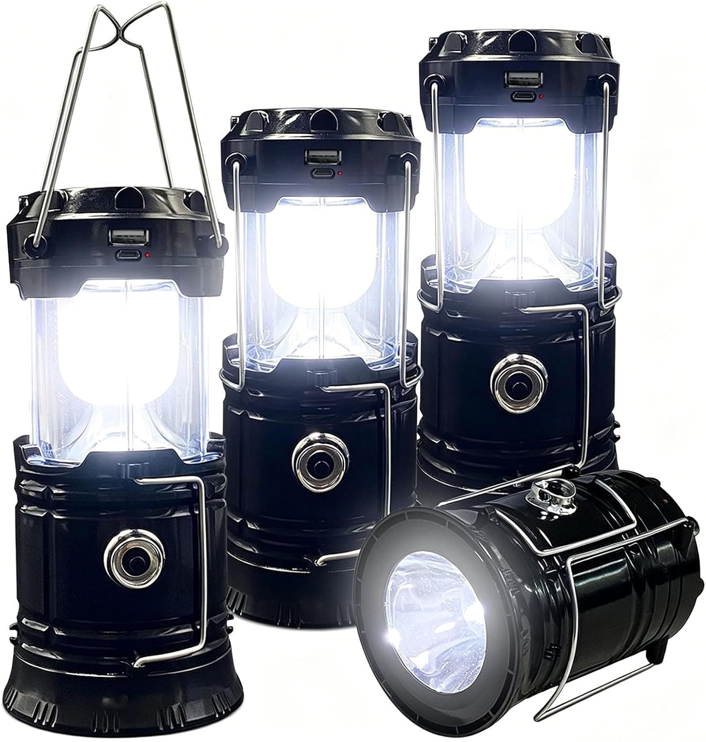 🏕️ סט 4 פנסי קמפינג מתקפלים — סולארי + USB, אור 360° לאוהל, לסוכה ולהפסקות חשמל