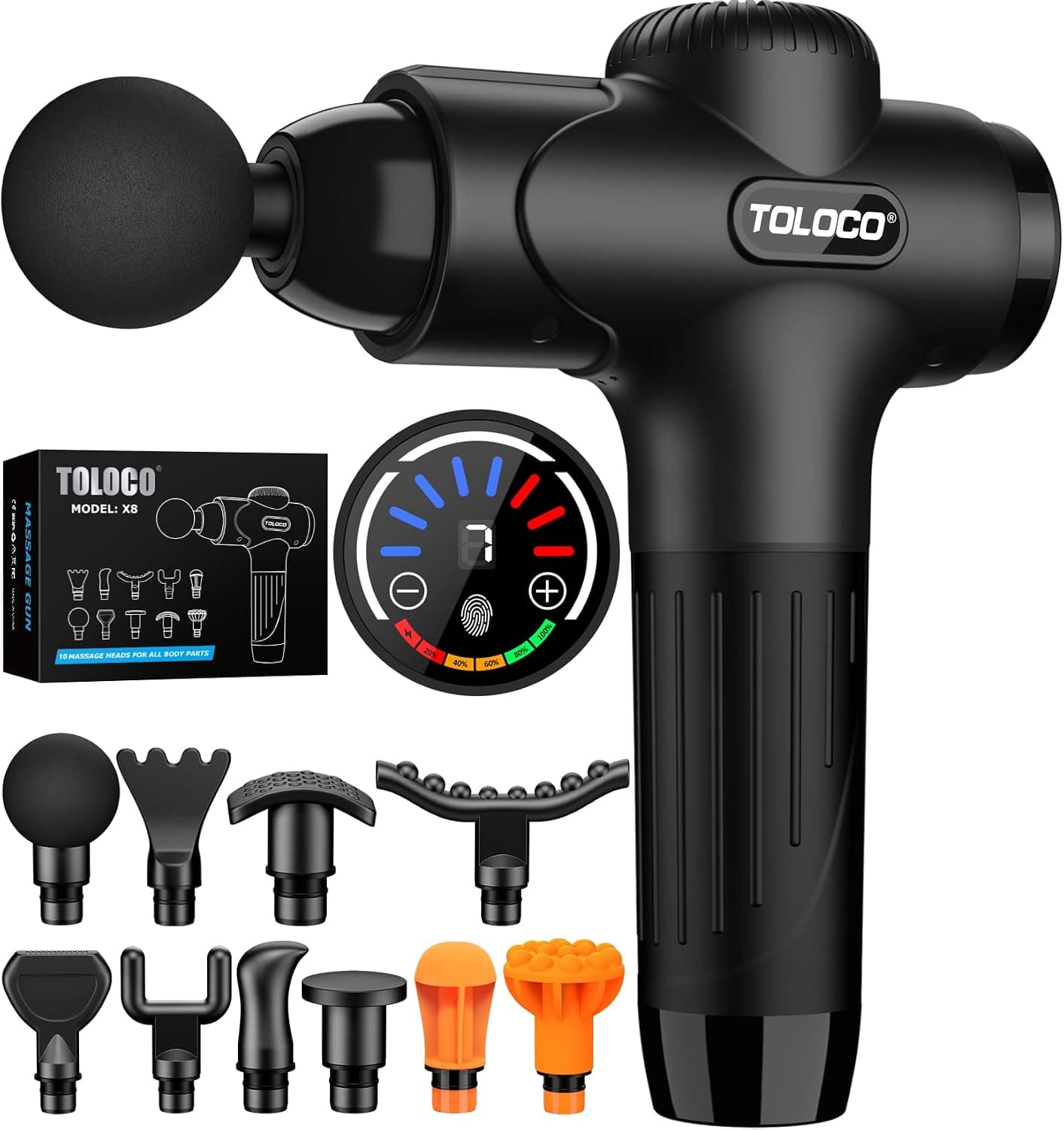 אקדח עיסוי חשמלי נטען TOLOCO, 10 ראשים — עיסוי רקמות עמוק לגב, צוואר ורגליים